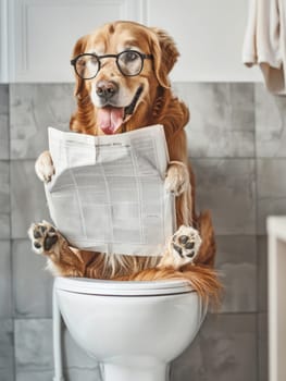 A dog is sitting on a toilet and reading a newspaper.
