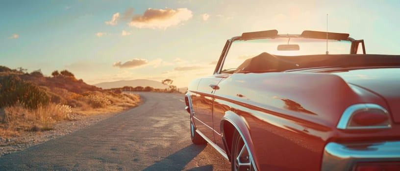 A red convertible is parked on a road with a beautiful sunset in the background. Scene is relaxed and carefree, as the car is parked on a deserted road with no one around