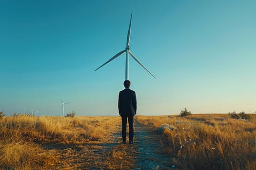 A man stands in a field of wind turbines.