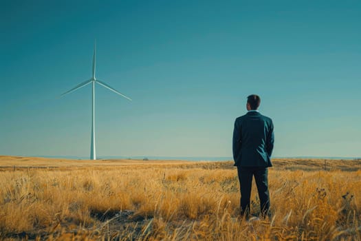 A man stands in a field of wind turbines.