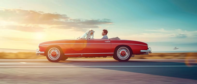 A man is driving a red convertible on a road. The sky is blue and the sun is setting