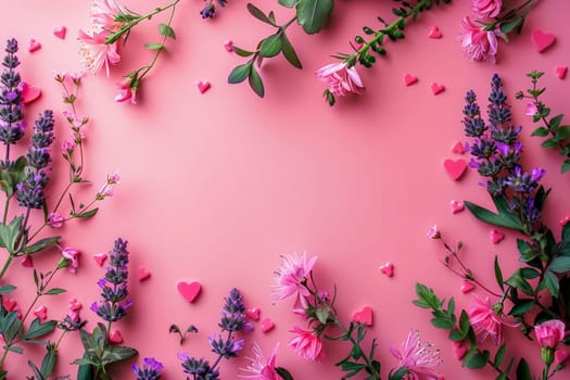 A pink background with pink flowers and hearts.ai generative.