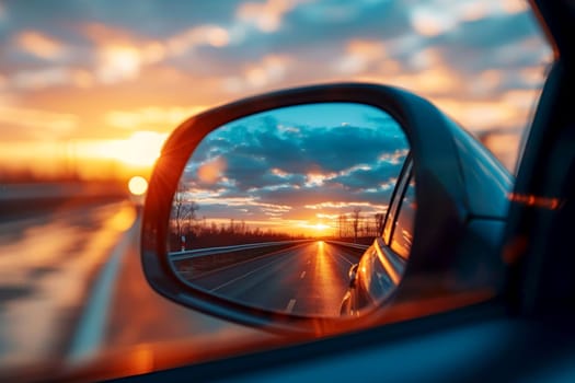 sunset in the rear view of the car, generative AI.