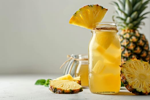 pineapple juice next to a pineapple on a counter top with a half of the pineapple in the foreground. generative ai.