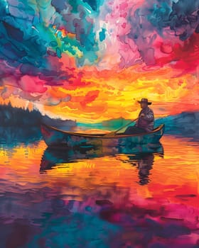 A beautiful painting of a man peacefully paddling a canoe on a calm lake, surrounded by a red and orange sky afterglow, reflecting on the water