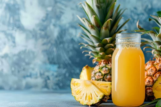 pineapple juice next to a pineapple on a counter top with a half of the pineapple in the foreground. generative ai.