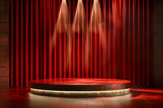illuminated red light circle stage podium. AI Generative.