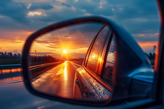 sunset in the rear view of the car, generative AI.