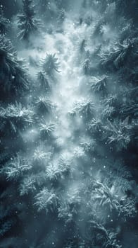 A close up of a snowy forest with trees covered in snow under a grey sky. The natural landscape is transformed by the atmospheric phenomenon, creating a beautiful winter pattern