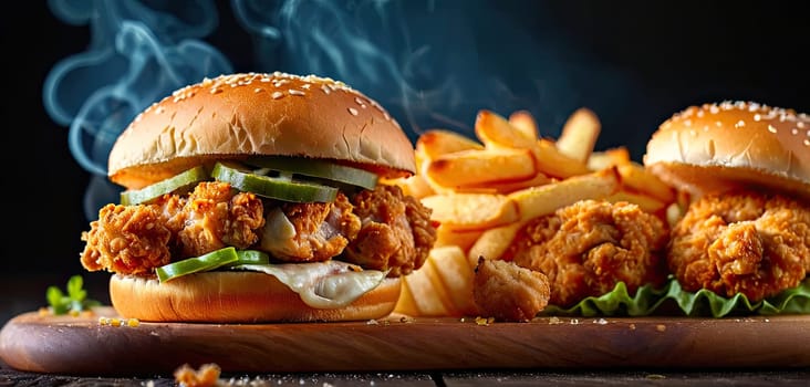 Chicken burger, wooden surface, smoke: