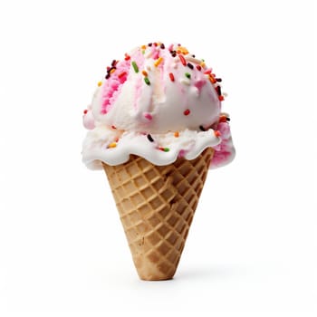 Ice Cream Cone Vanilla and Strawberry Flavors Isolated on White Background. Ice Cream in a Waffle Cone, Ice Cream in a Waffle Cup. Sweet Dessert Decorated with Colorful Sprinkles