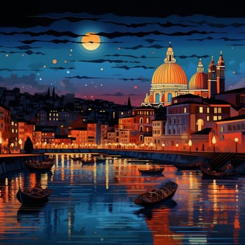 Night Italy Old Town Night Street Illustration. Italian Vintage House Architecture with River, and Apartment Facade Cityscape. Mediterranean Suburban Europe District.