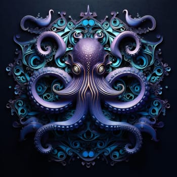 Bright Colorful Octopus on Dark Background. Blue Octopus on Dark Blue Background. Symbol of Sea Monster. International Octopus Day.
