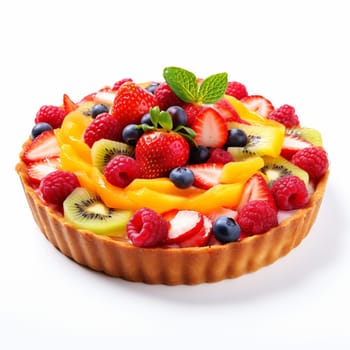 Tasty Fruit Pie on White Background. Fruit Tart with Fresh Fruits and Berries: Strawberry, Blueberry, Peach, Kiwi, Raspberry, Mint Leaves.