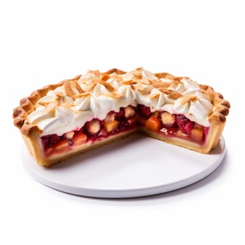 Tasty Fruit Pie on White Background. Fruit Tart with Fresh Fruits, Berries, Meringue and Cream.