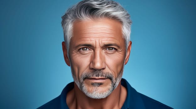 Handsome elderly elegant Latino with gray hair, on a light blue background, banner, active aging. Advertising of cosmetic products, spa treatments, shampoos and hair care products, dentistry and medicine, perfumes and cosmetology for older men.