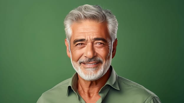 Handsome elderly elegant Latino with gray hair, on a light green background, banner, active aging. Advertising of cosmetic products, spa treatments, shampoos and hair care products, dentistry and medicine, perfumes and cosmetology for older men.