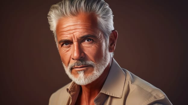 Handsome elderly elegant latino with gray hair, on creamy beige background, banner, active aging. Advertising of cosmetic products, spa treatments, shampoos and hair care products, dentistry and medicine, perfumes and cosmetology for older men.