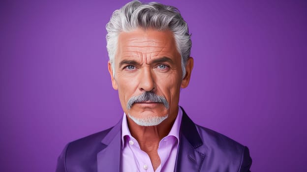 Handsome elderly elegant latino with gray hair, on purple background, banner, active old age. Advertising of cosmetic products, spa treatments, shampoos and hair care products, dentistry and medicine, perfumes and cosmetology for older men.