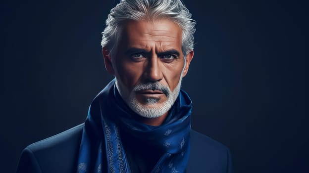 Handsome elderly elegant Latino with gray hair, on a dark blue background, banner, active aging. Advertising of cosmetic products, spa treatments, shampoos and hair care products, dentistry and medicine, perfumes and cosmetology for older men.