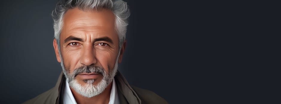 Handsome elderly elegant latino with gray hair, on a silver background, banner, active aging. Advertising of cosmetic products, spa treatments, shampoos and hair care products, dentistry and medicine, perfumes and cosmetology for older men.