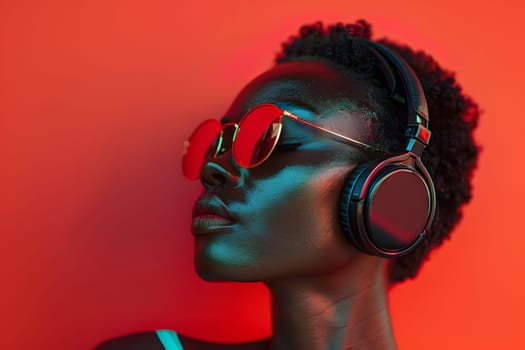 A woman wearing earbuds and shades is enjoying music on her audio equipment. She is taking care of her vision and ears while indulging in entertainment with her gadget
