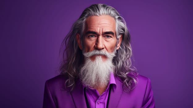 Handsome elderly Latino with long gray hair, on a purple background, banner. Advertising of cosmetic products, spa treatments, shampoos and hair care products, dentistry and medicine, perfumes and cosmetology for older men.