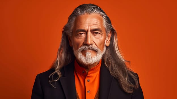 Handsome elderly Latino with long gray hair, on an orange background, banner. Advertising of cosmetic products, spa treatments, shampoos and hair care products, dentistry and medicine, perfumes and cosmetology for older men.