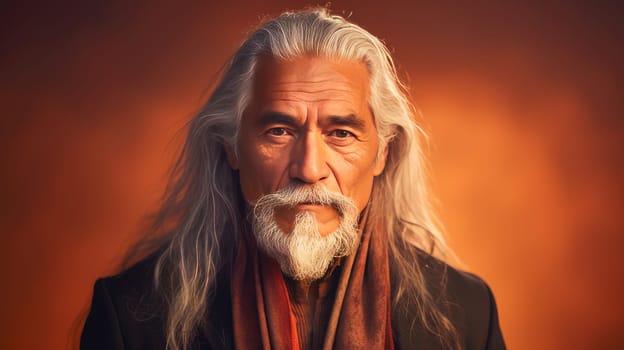 Handsome elderly Latino with long gray hair, on a golden background, banner. Advertising of cosmetic products, spa treatments, shampoos and hair care products, dentistry and medicine, perfumes and cosmetology for older men.