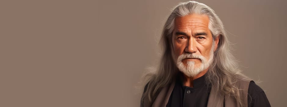 Handsome elderly Latino with long gray hair, on a silver background, banner. Advertising of cosmetic products, spa treatments, shampoos and hair care products, dentistry and medicine, perfumes and cosmetology for older men.