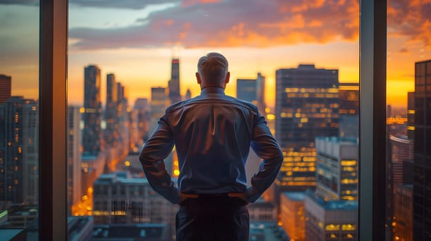 A man gazes out of a window at a cityscape during sunset, mesmerized by the orange hues in the sky casting an afterglow over the buildings and skyscrapers