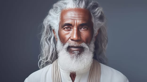 Handsome elderly black African American man with long dreadlocked hair, on a gray background, banner. Advertising of cosmetic products, spa treatments, shampoos and hair care products, dentistry and medicine, perfumes and cosmetology for senior men.