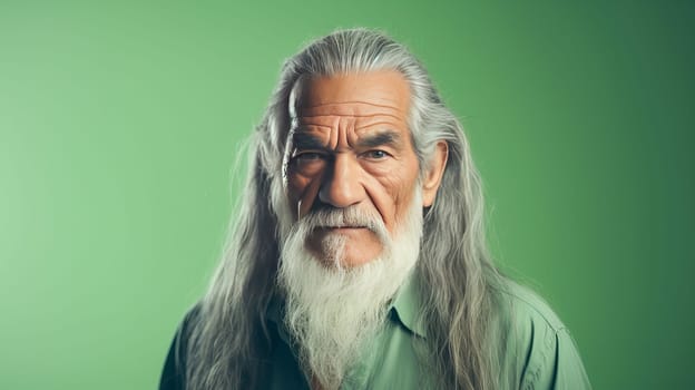 Handsome elderly Latino with long gray hair, on a light green background, banner. Advertising of cosmetic products, spa treatments, shampoos and hair care products, dentistry and medicine, perfumes and cosmetology for older men.