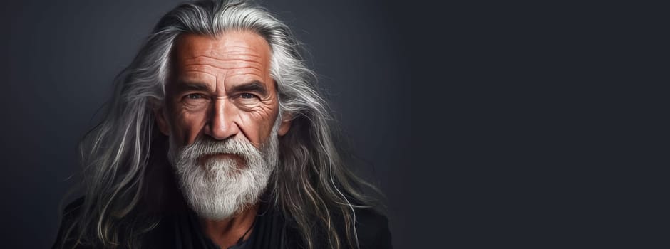 Handsome elderly Latino with long gray hair, on a gray background, banner. Advertising of cosmetic products, spa treatments, shampoos and hair care products, dentistry and medicine, perfumes and cosmetology for older men.