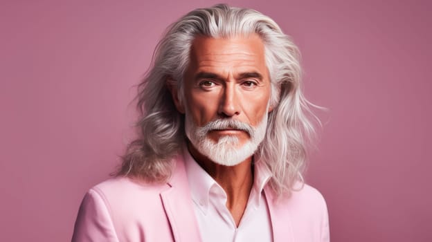 Handsome elderly Latino with long gray hair, on a pink background, banner. Advertising of cosmetic products, spa treatments, shampoos and hair care products, dentistry and medicine, perfumes and cosmetology for older men.