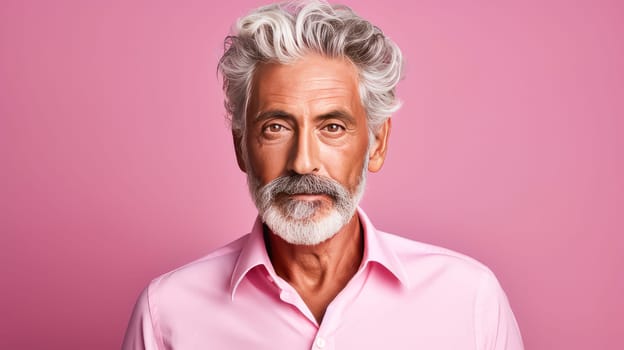 Handsome elderly elegant Latino with gray hair, on a pink background, banner, active old age. Advertising of cosmetic products, spa treatments, shampoos and hair care products, dentistry and medicine, perfumes and cosmetology for older men.