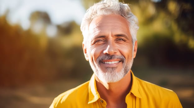 Handsome elderly elegant Latino with gray hair, on a yellow background, banner, active old age. Advertising of cosmetic products, spa treatments, shampoos and hair care products, dentistry and medicine, perfumes and cosmetology for older men.