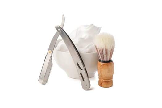 Vintage shaving razor and tools isolated on white background