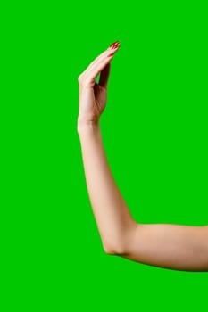 Womans Arm Hand Sign Raised in the Air on green background