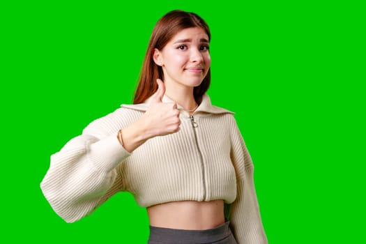 A woman wearing a white sweater is standing and giving a thumbs up gesture. She appears cheerful and confident in her action.