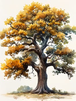 An art piece depicting a woody plant with yellow leaves set against a white backdrop. The trees branches and trunk are beautifully detailed, creating a serene natural landscape