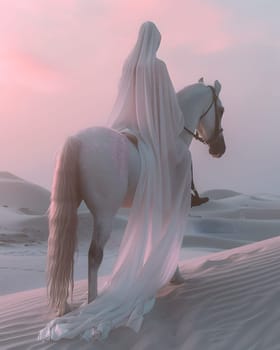 A woman in a white cape is riding a white horse in the desert landscape under a clear blue sky, with the horses mane flowing in the wind, creating a picturesque scene of recreation and fun