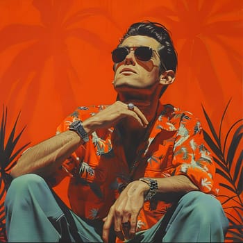 An artist wearing sunglasses sits in front of an orange background, ready to create music and art. The red backdrop enhances his vision care as he paints and performs