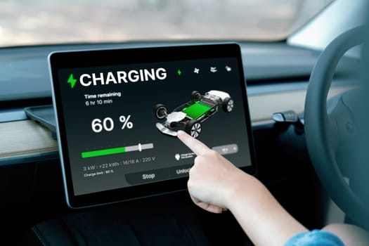 Holiday vacation road trip with environmental-friendly car concept. Eco-conscious woman on driver seat checking EV car's battery status display on tablet or digital panel during car travel. Perpetual