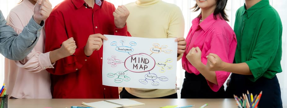 A cropped image of successful businesspeople presents new product marketing strategy using a mind map. Young creative business team brainstorm marketing idea together at modern office. Variegated.