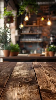 A wooden table is in the foreground with a kitchen in the background, surrounded by a plant, flowerpot, grass, and asphalt road surface