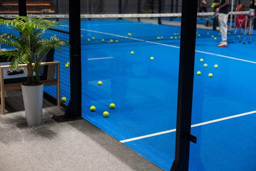 Blue padel and tennis net and hard court. Tennis competition concept. Horizontal sport theme poster, greeting cards, headers, website and app . High quality photo