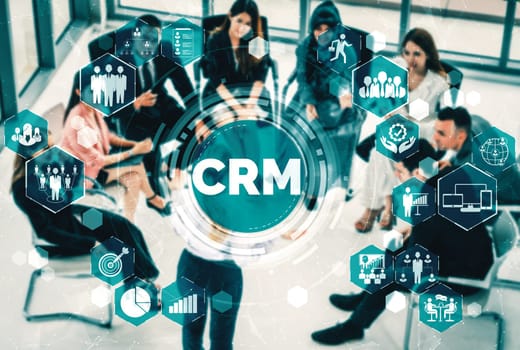 CRM Customer Relationship Management for business sales marketing system concept presented in futuristic graphic interface of service application to support CRM database analysis. uds