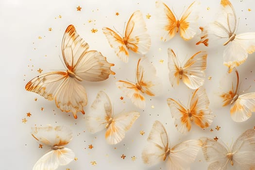 A group of butterflies fluttering around a white background, showcasing the delicate beauty of invertebrates in nature through macro photography