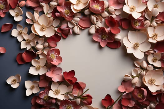Pink, white and red scattered flowers forming a heart.Valentine's Day banner with space for your own content. Heart as a symbol of affection and love.